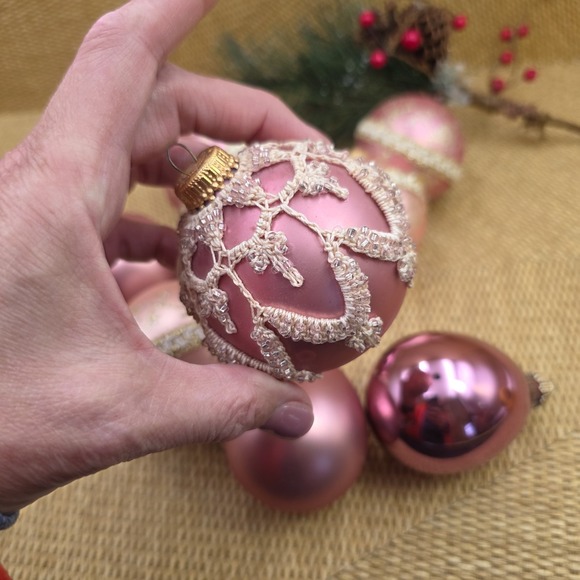 Vintage Krebs Germany Glass Ornaments Pink Mauve Mix Balls & Teardrops Lot of 9 - Picture 5 of 12